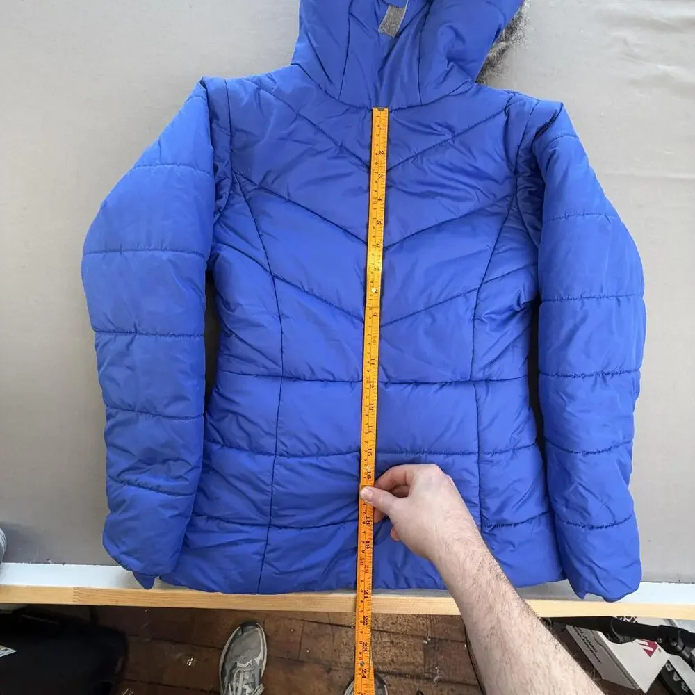 Columbia Coat Kids M 10-12 Blue Puffer Hooded Faux Fur Trim Parka Winter Snow